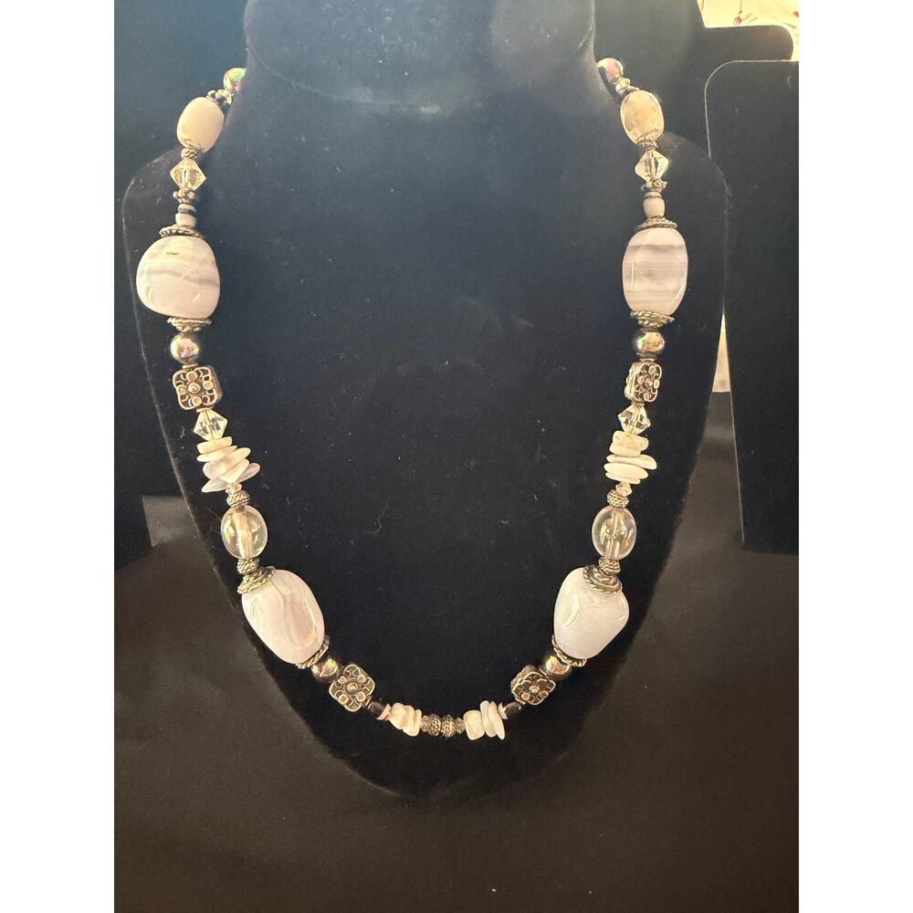 Statement necklace natural blue lace agate stones with  silver tone beads